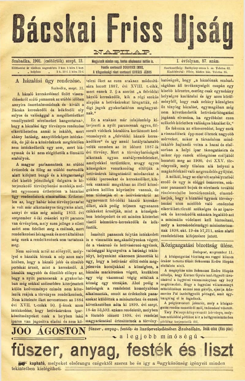 Bácskai Friss Ujság, 1. évf. 1901. szeptember 12. 87. sz.