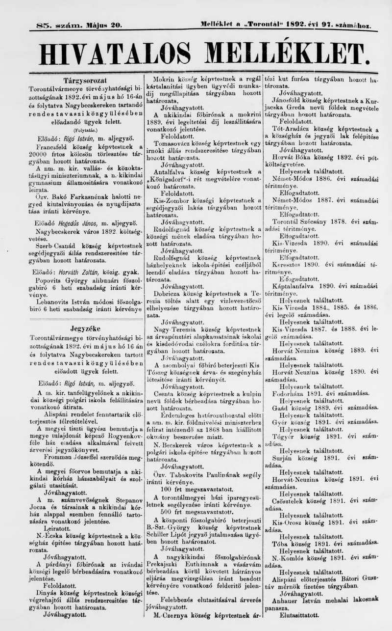 A Totontál  hivatalos melléklete, 5. évf. 1892. május 20. 85. sz.
