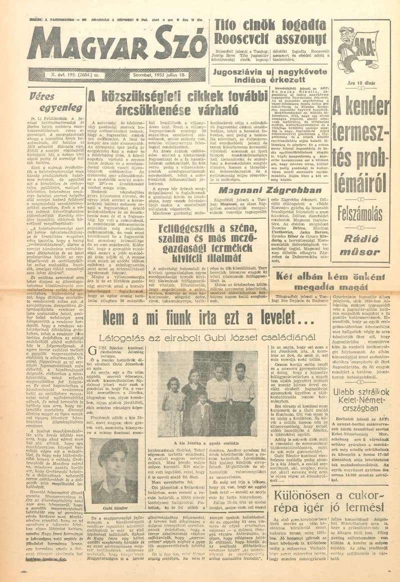 Magyar Szó, 10. évf. 1953. július 18. 195. sz. 1–8. oldal