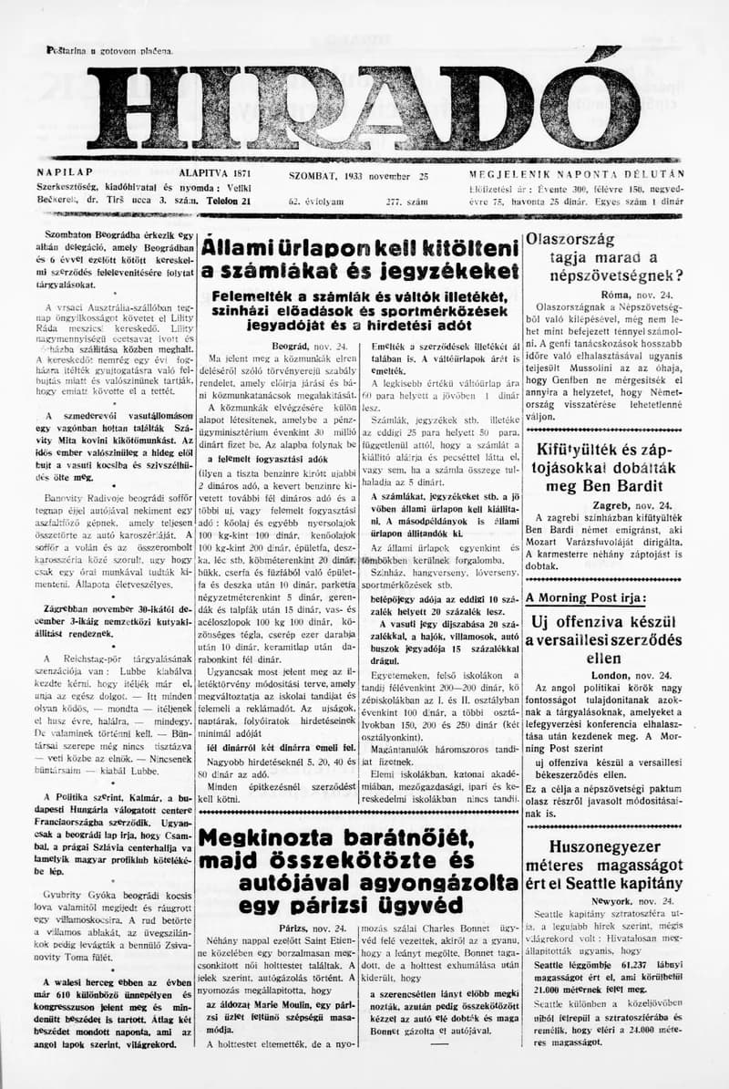 Híradó, 62. évf. 1933. november 25. 277. sz.