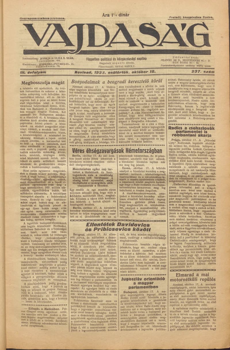 Vajdaság, 3. évf. 1923. október 18. 237. sz.
