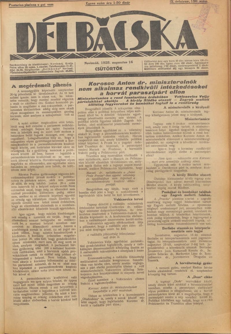 Délbácska, 9. évf. 1928. augusztus 16. 190. sz.