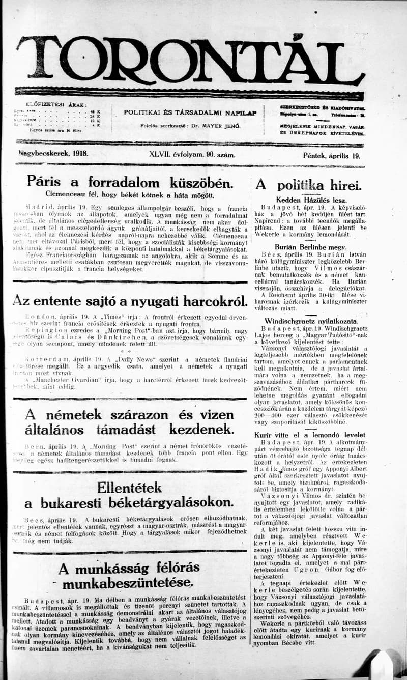 Torontál, 47. évf. 1918. április 19. 90. sz.