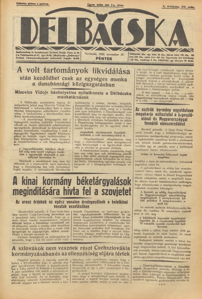 Délbácska, 10. évf. 1929. november 29. 278. sz.