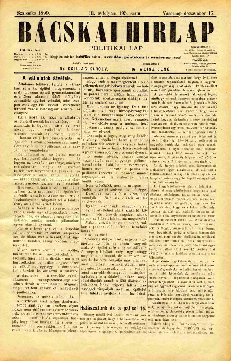 Bácskai Hirlap, 3. évf. 1899. december 17. 195. sz.