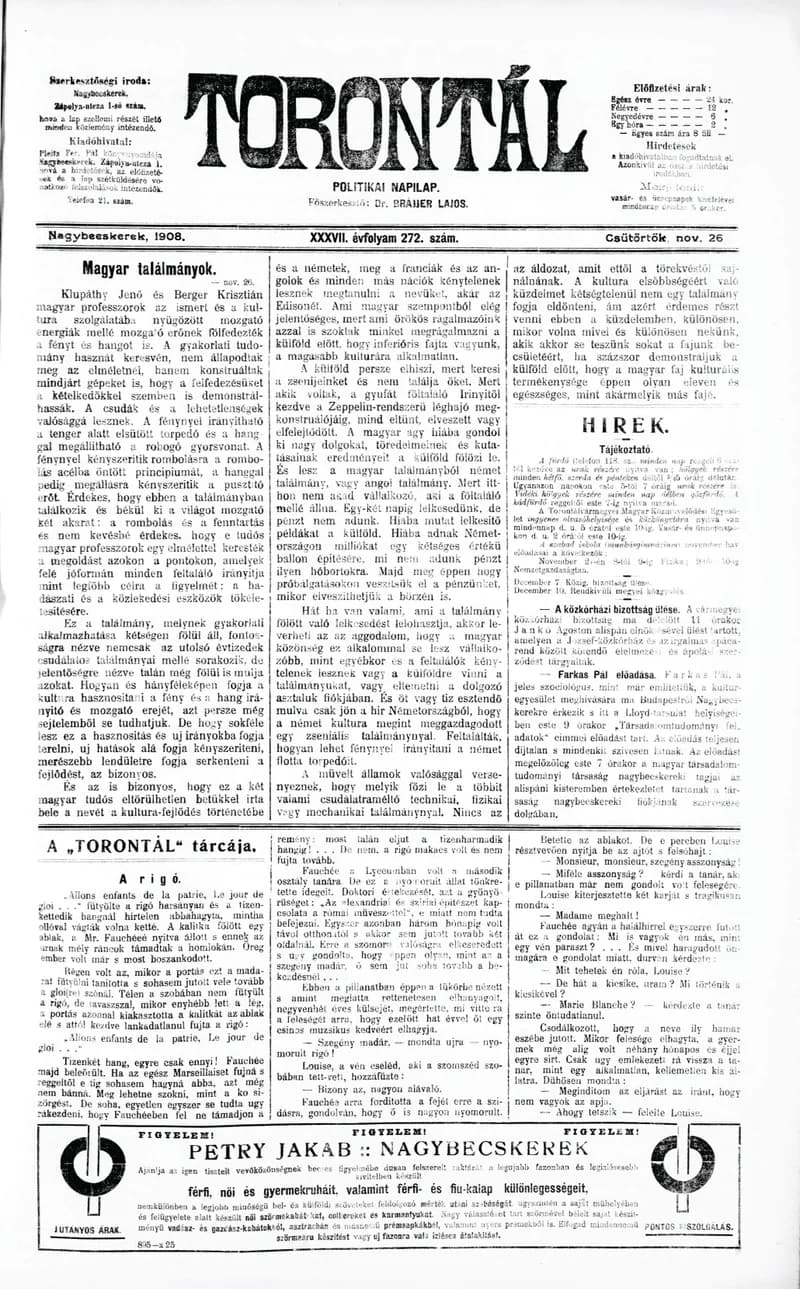 Torontál, 37. évf. 1908. november 26. 272. sz.
