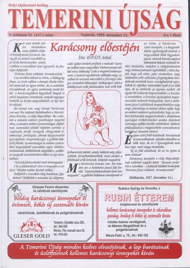 Temerini Újság, 5. évf. 1999. december 23. 51. sz.