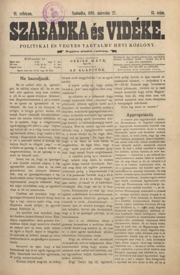 Szabadka és vidéke II, 6. évf. 1898. március 27. 13. sz.