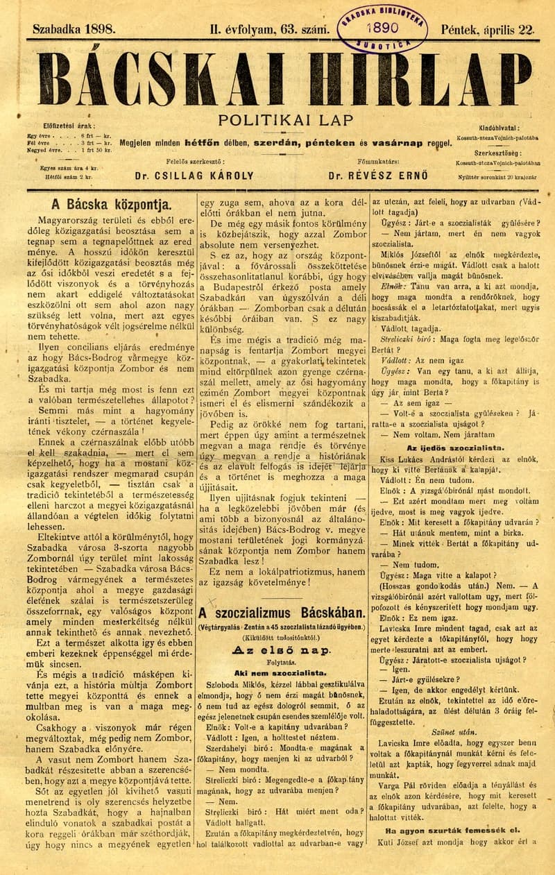 Bácskai Hirlap, 2. évf. 1898. április 22. 63. sz. 1–4. oldal