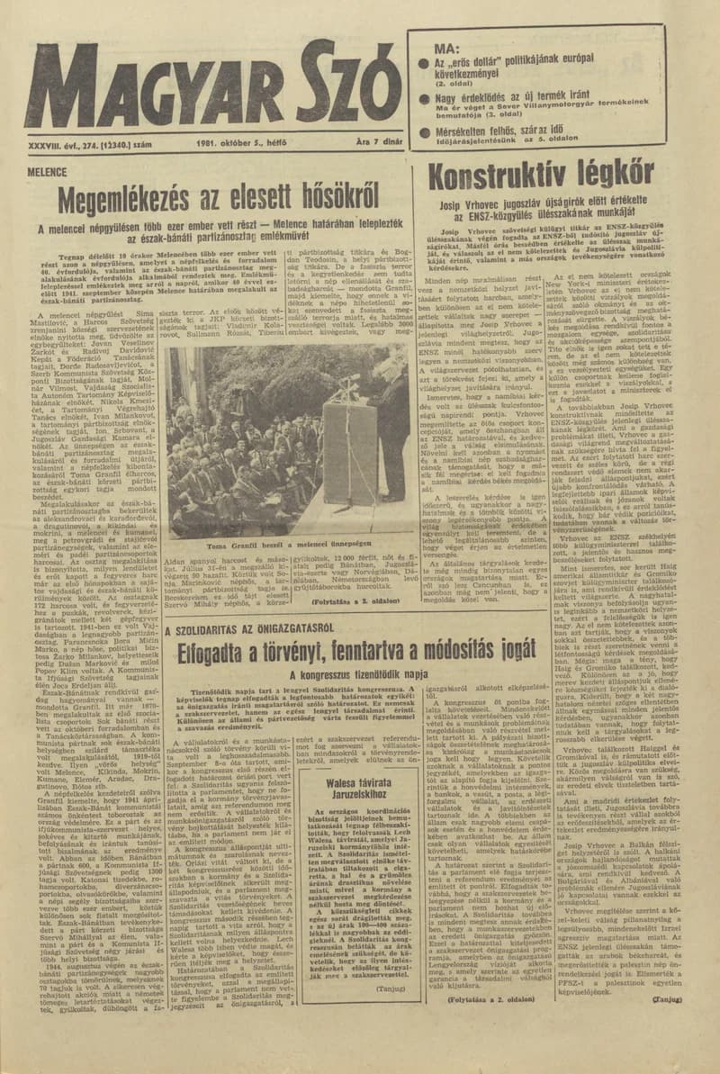 Magyar Szó, 38. évf. 1981. október 5. 274. sz.