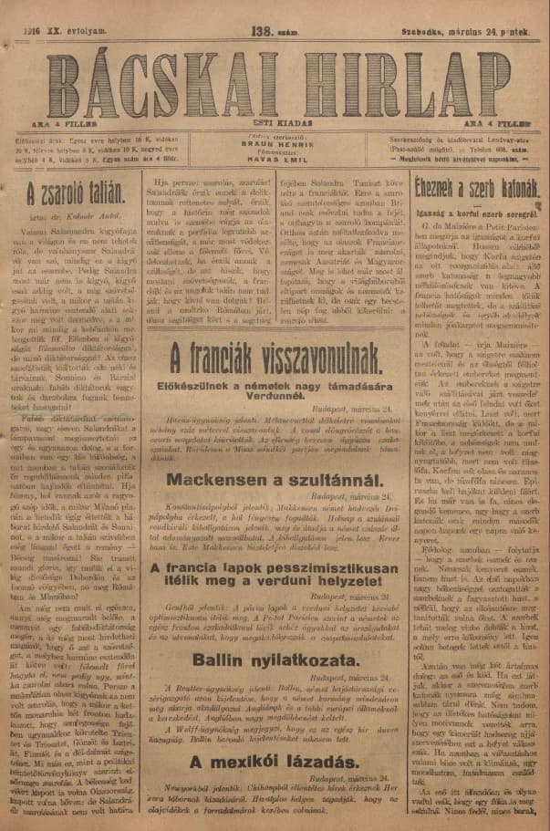 Bácskai Hirlap, 20. évf. 1916. március 24. 138. sz.