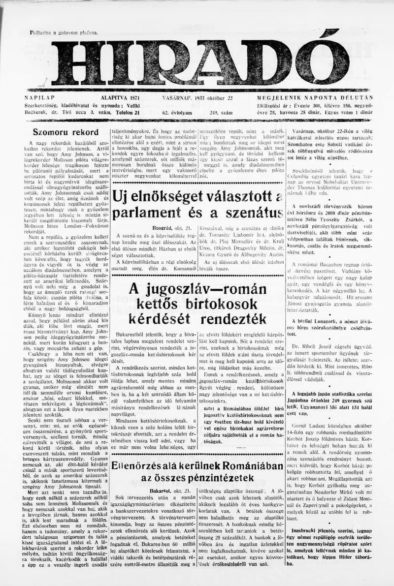 Híradó, 62. évf. 1933. október 22. 249. sz.