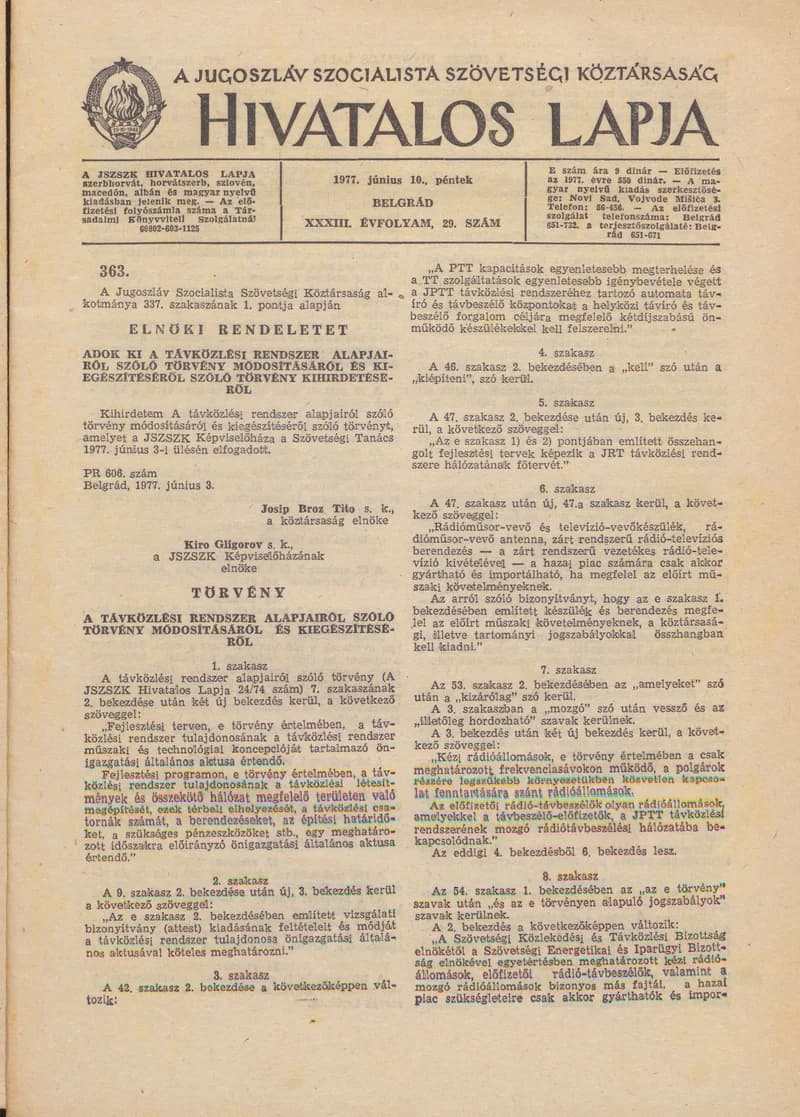 A Jugoszláv Szocialista Szövetségi Köztársaság Hivatalos Lapja, 33. évf. 1977. június 10. 29. sz. 1261–1296. oldal