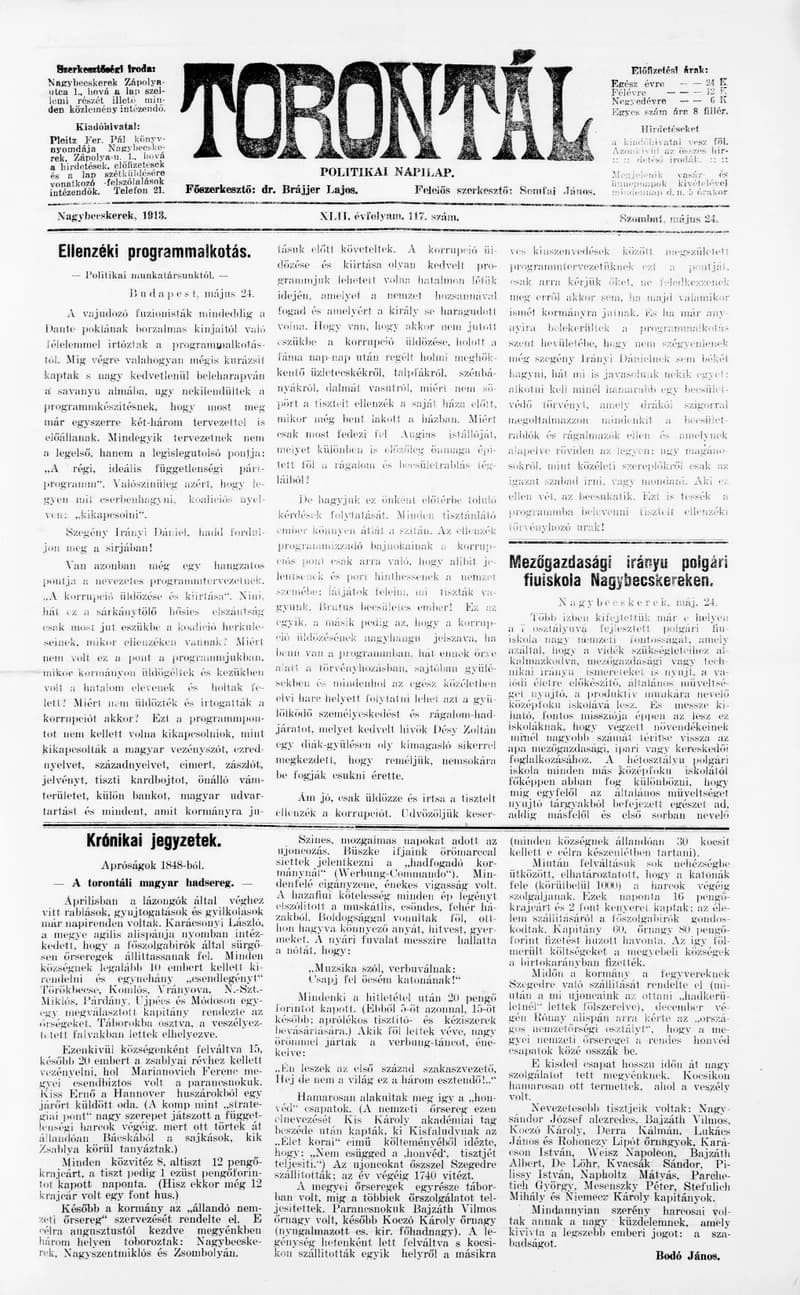 Torontál, 42. évf. 1913. május 24. 117. sz.