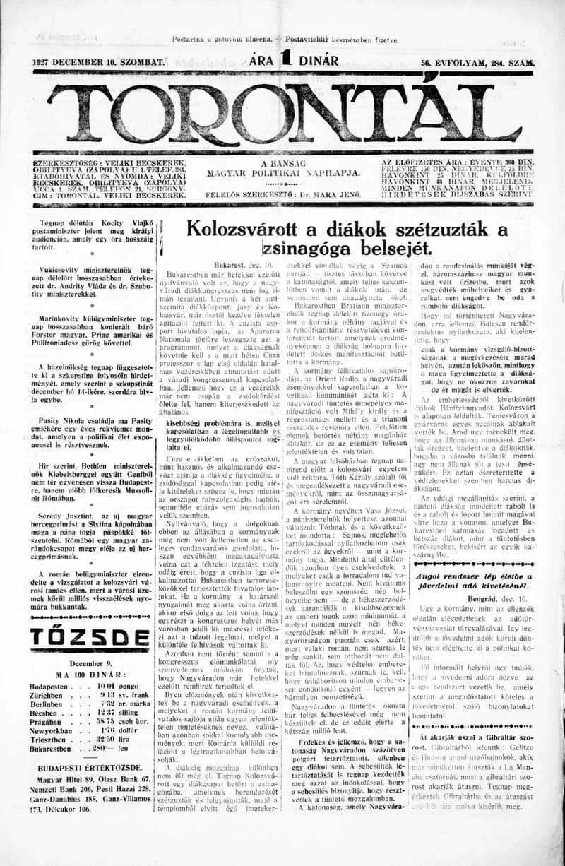 Torontál, 56. évf. 1927. december 10. 284. sz.