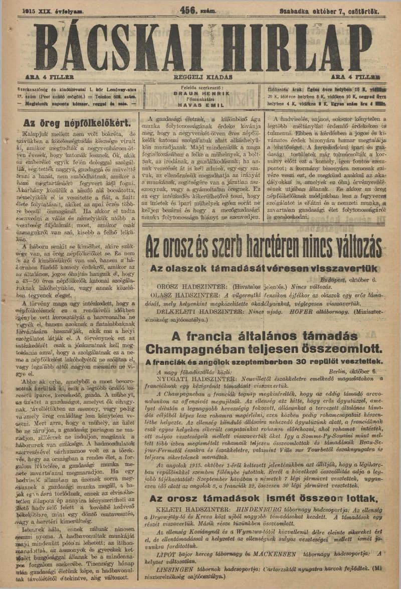 Bácskai Hirlap, 19. évf. 1915. október 7. 456. sz.