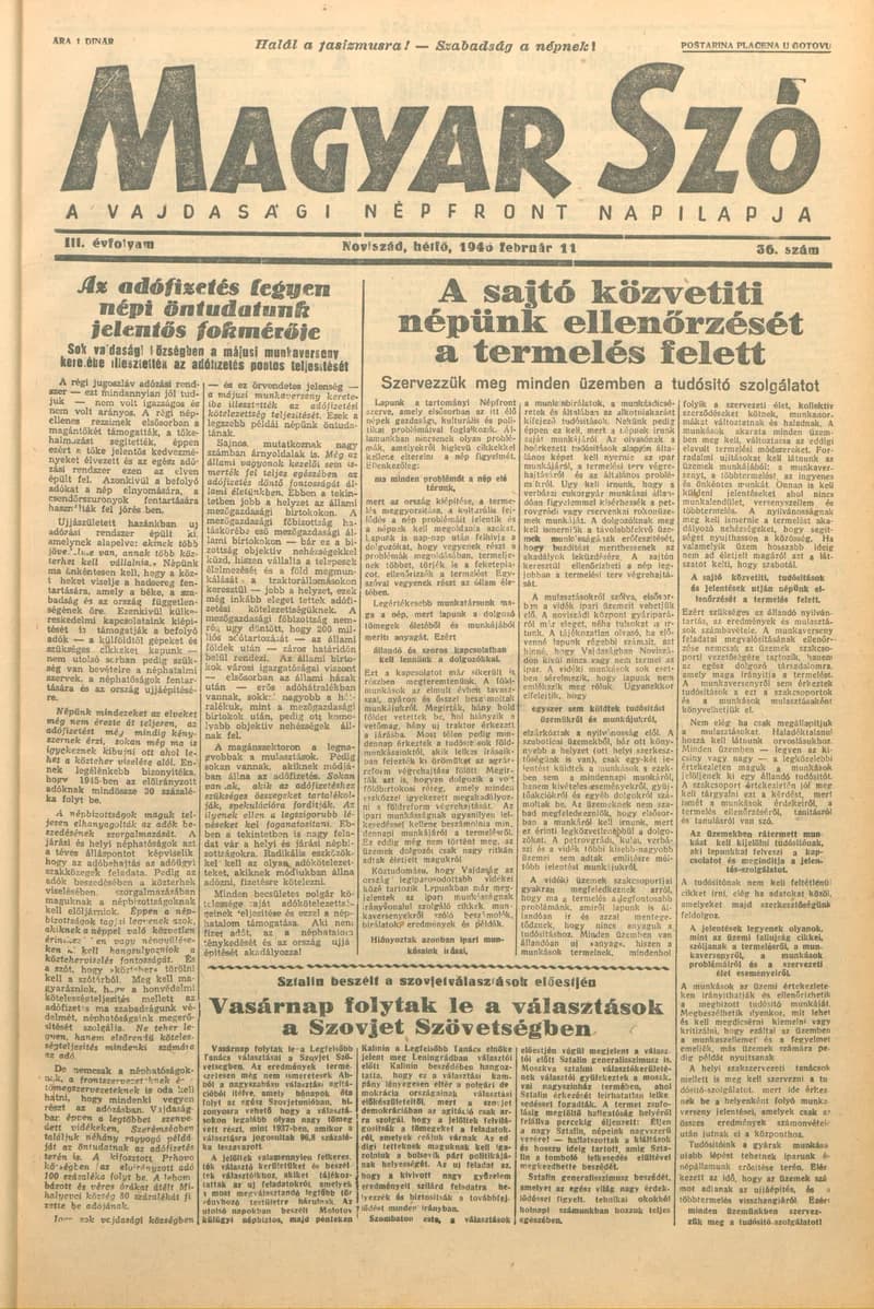 Magyar Szó, 3. évf. 1946. február 11. 36. sz. 1–4. oldal
