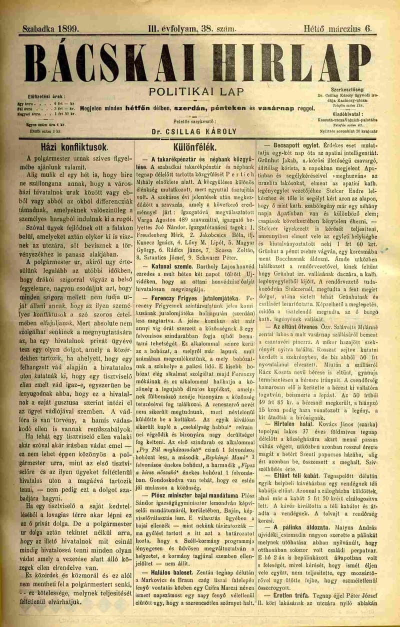Bácskai Hirlap, 3. évf. 1899. március 6. 38. sz.