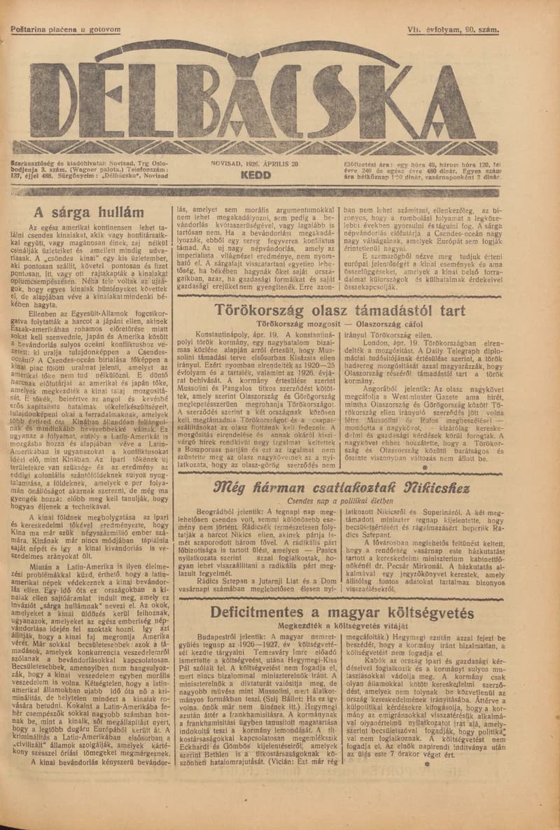 Délbácska, 7. évf. 1926. április 20. 90. sz.