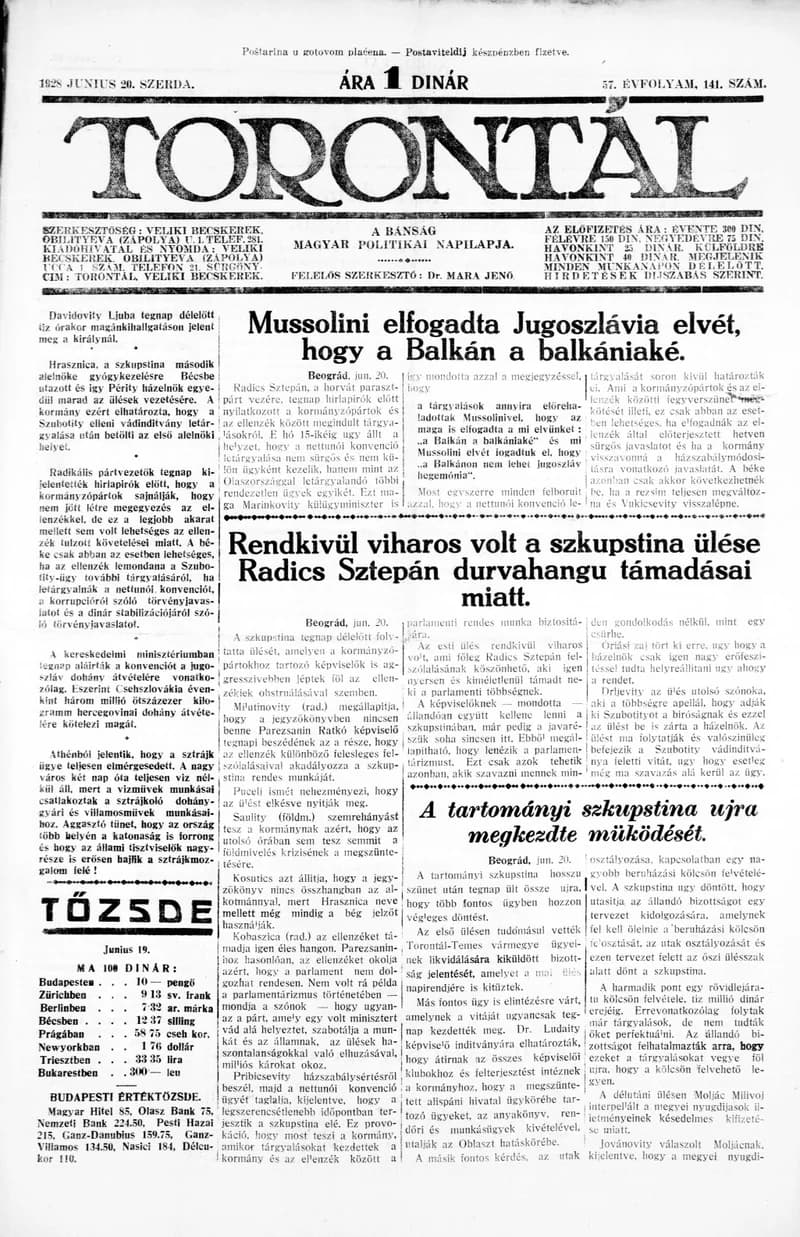 Torontál, 57. évf. 1928. június 20. 141. sz.