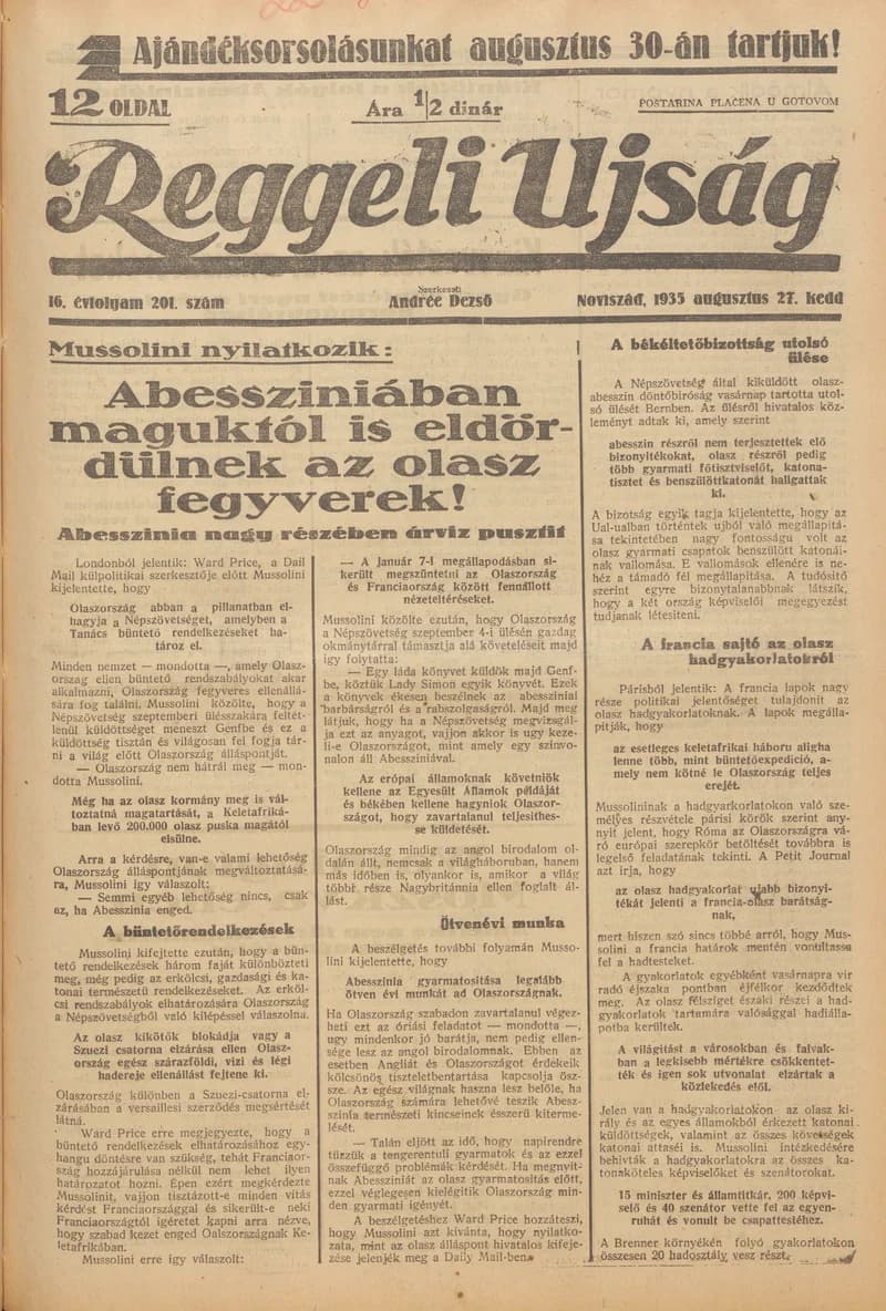 Reggeli Újság, 16. évf. 1935. augusztus 27. 201. sz.