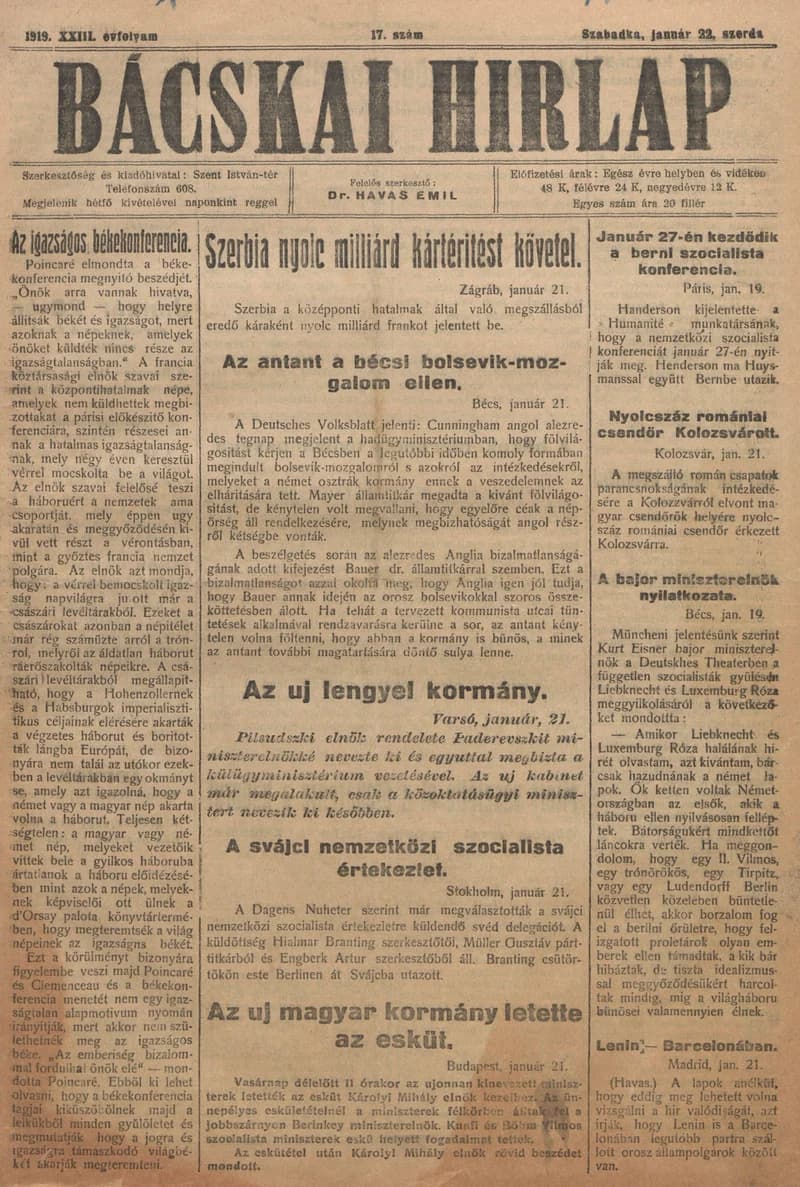 Bácskai Hirlap, 23. évf. 1919. június 22. 17. sz.