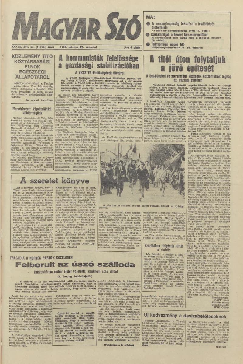 Magyar Szó, 37. évf. 1980. március 29. 87. sz. 1–20. oldal