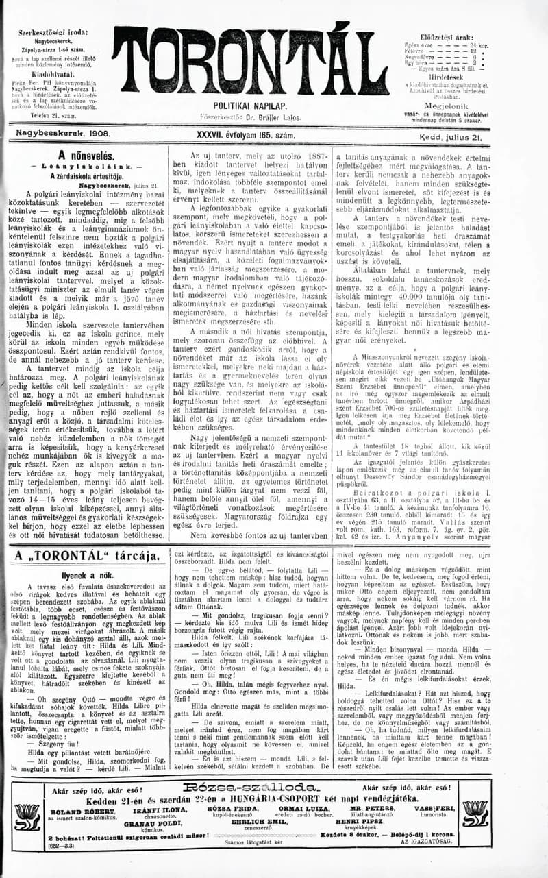 Torontál, 37. évf. 1908. július 21. 165. sz.