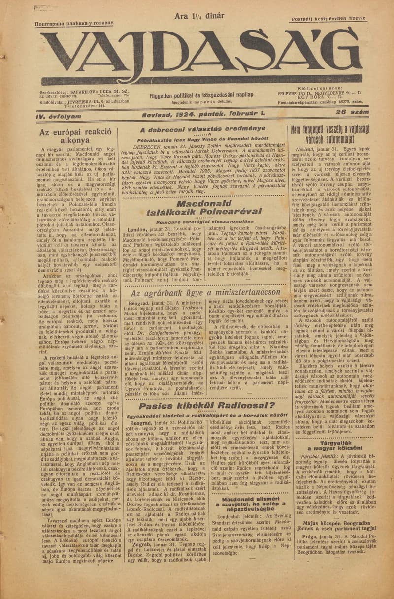 Vajdaság, 4. évf. 1924. február 1. 26. sz.