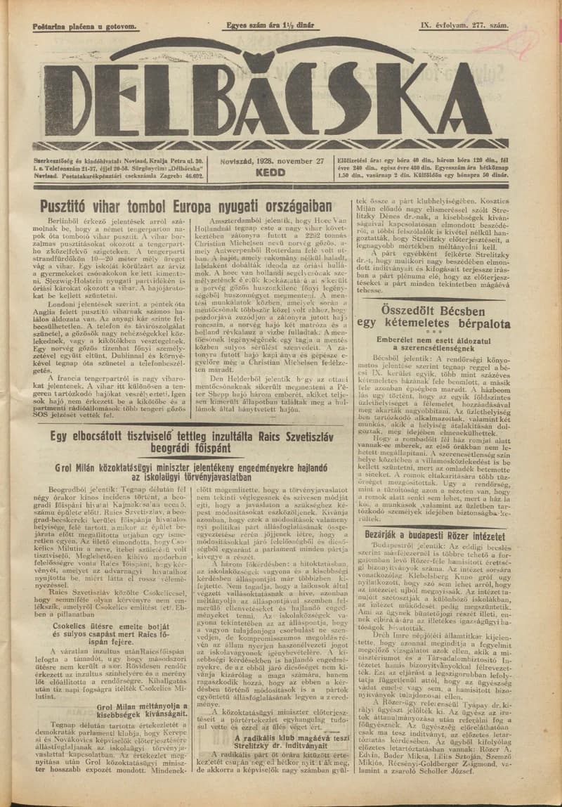Délbácska, 9. évf. 1928. november 27. 277. sz.
