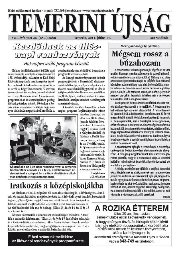 Temerini Újság, 17. évf. 2011. július 14. 28. sz.