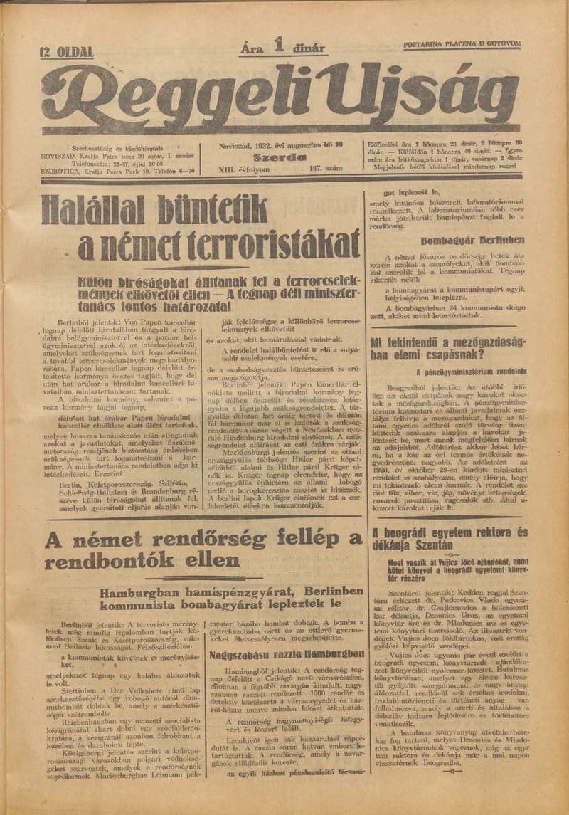 Reggeli Újság, 13. évf. 1932. augusztus 10. 187. sz.