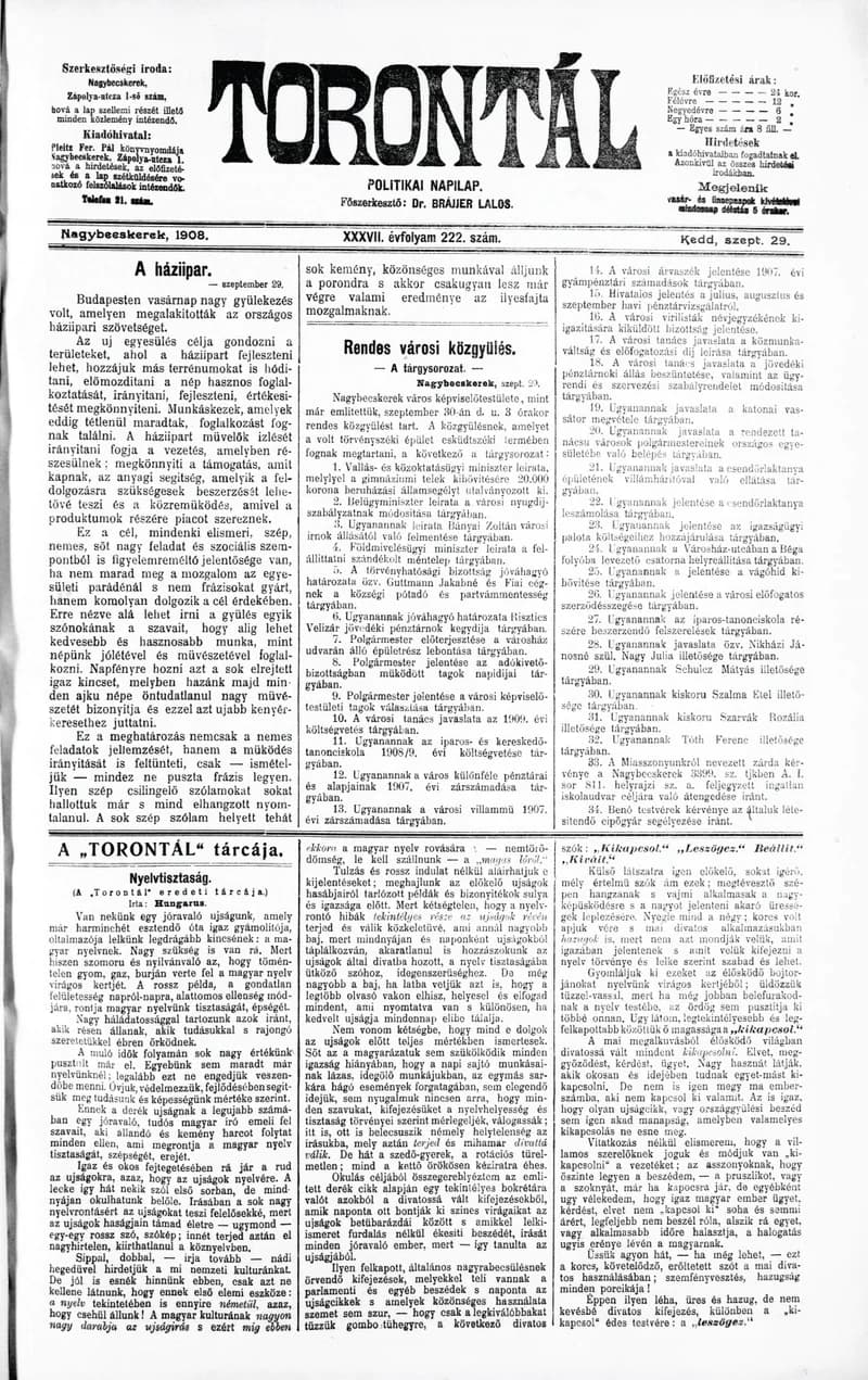 Torontál, 37. évf. 1908. szeptember 29. 222. sz.
