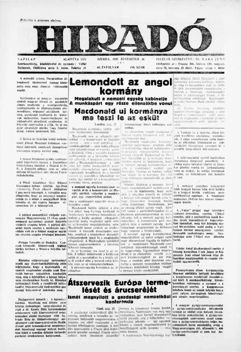 Híradó, 60. évf. 1931. augusztus 26. 195. sz.