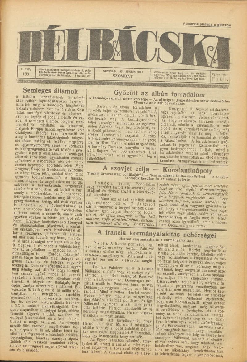 Délbácska, 5. évf. 1924. június 7. 133. sz.