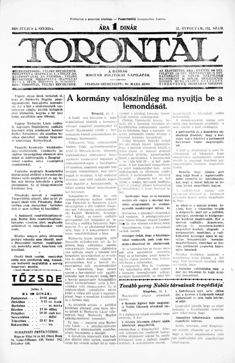 Torontál, 57. évf. 1928. július 4. 152. sz.