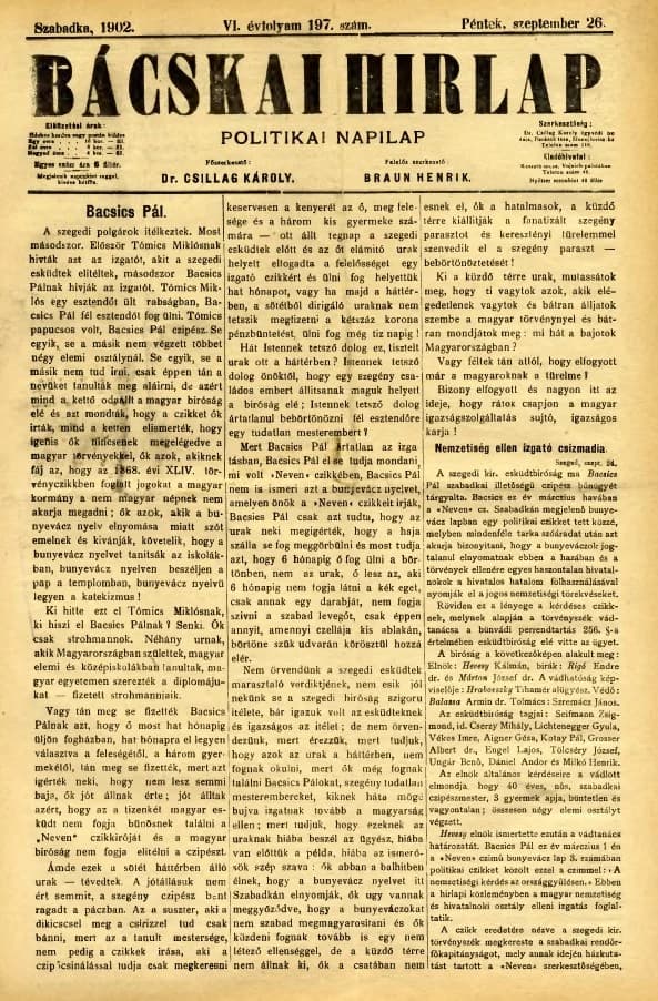 Bácskai Hirlap, 6. évf. 1902. szeptember 26. 197. sz.
