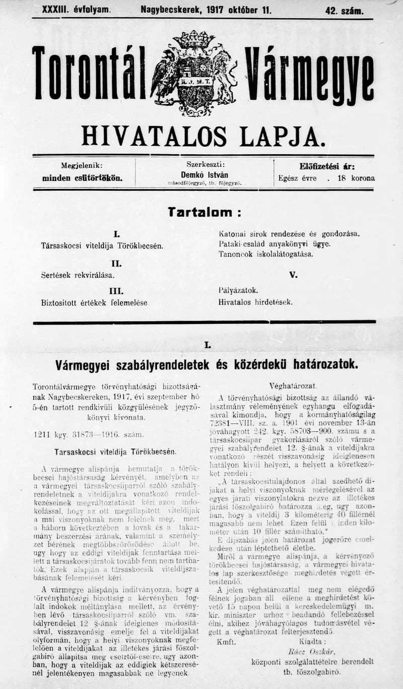 Torontál Vármegye Hivatalos Lapja, 33. évf. 1917. október 11. 42. sz.