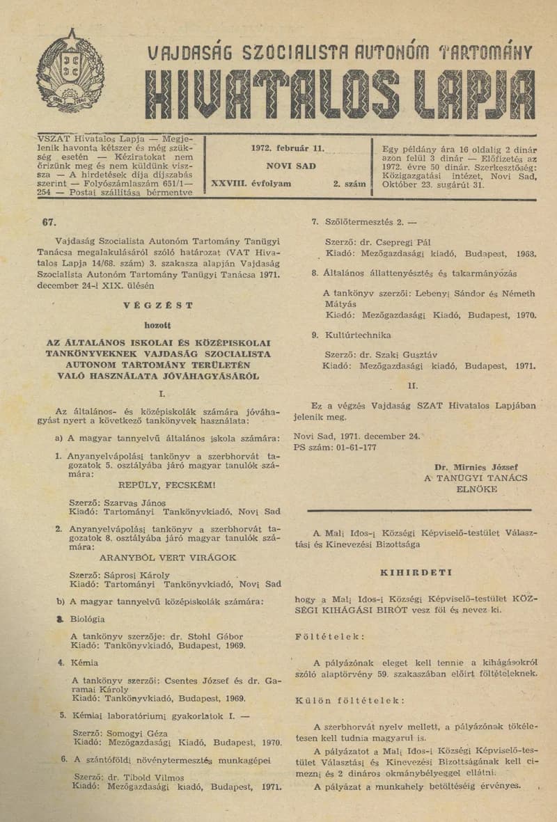 Vajdaság Szocialista Autonóm Tartomány Hivatalos Lapja, 28. évf. 1972. február 11. 2. sz. 17–18. oldal