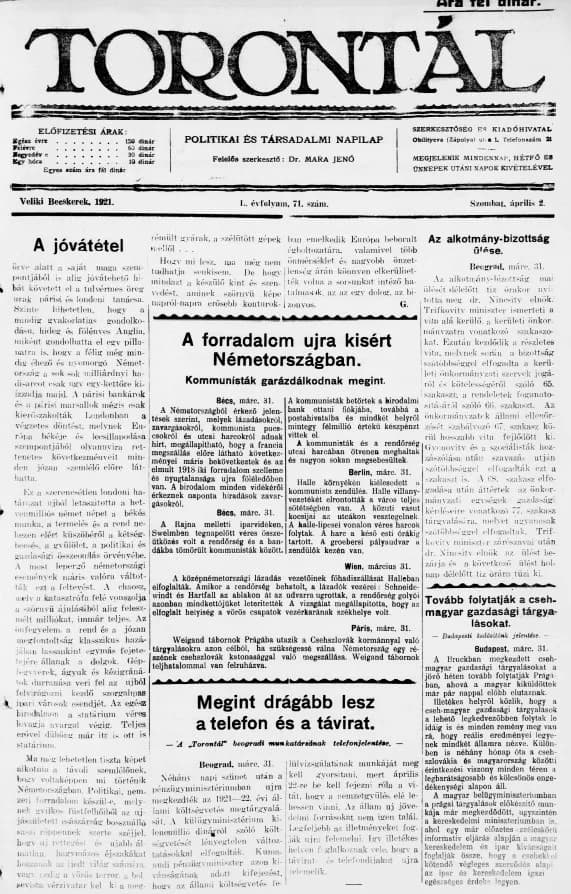 Torontál, 50. évf. 1921. április 2. 71. sz.