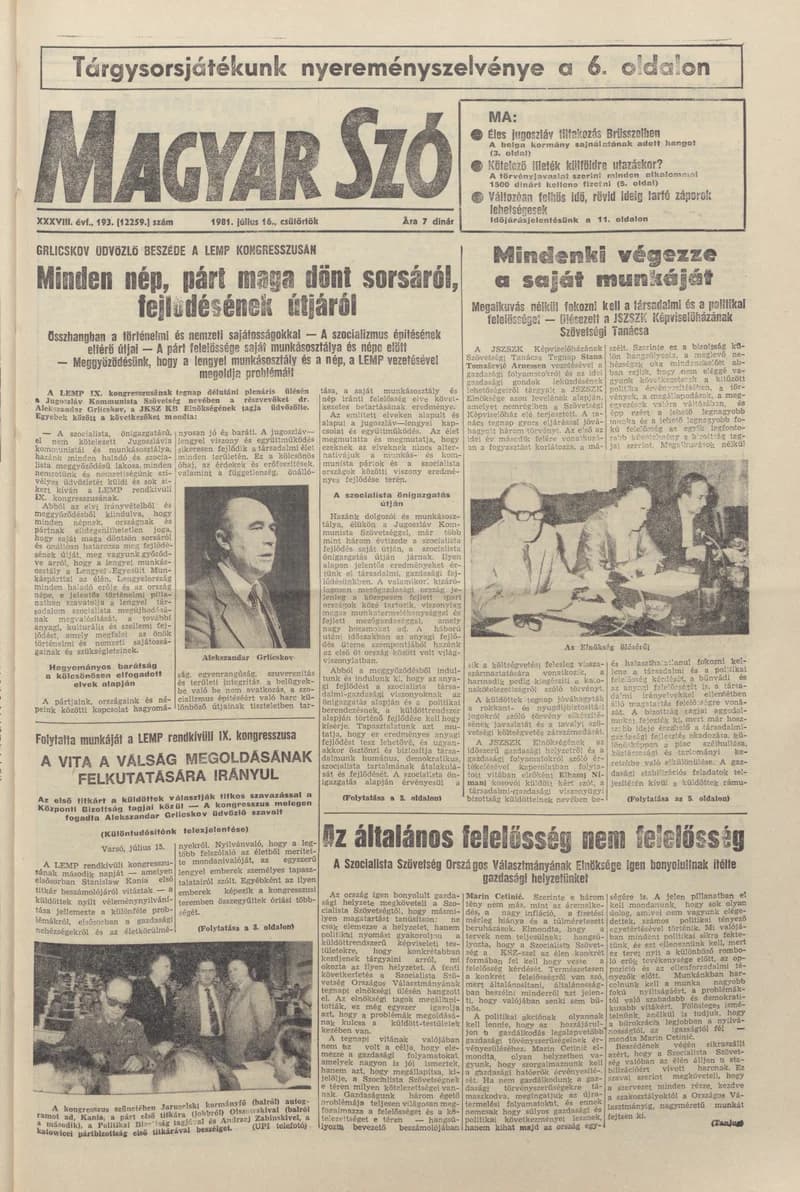 Magyar Szó, 38. évf. 1981. július 16. 193. sz.