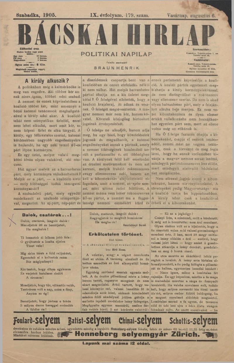 Bácskai Hirlap, 9. évf. 1905. augusztus 6. 179. sz.