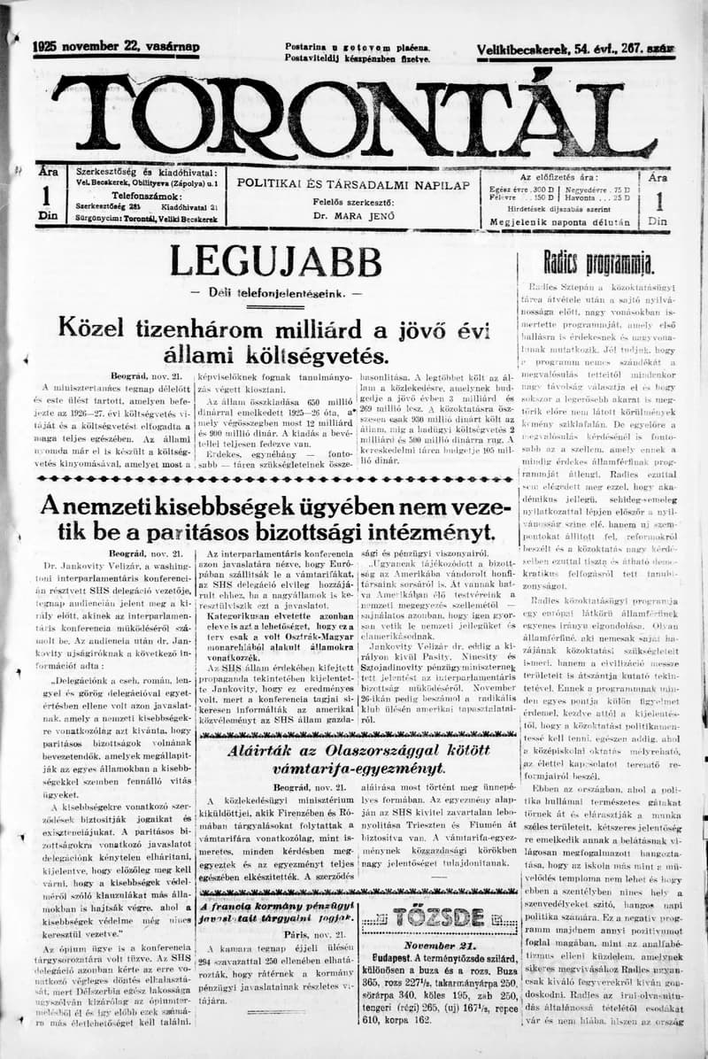 Torontál, 54. évf. 1925. november 22. 267. sz.