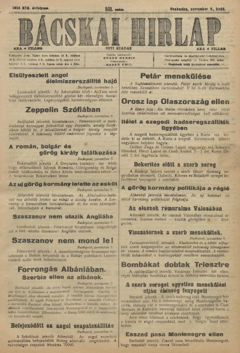 Bácskai Hirlap, 19. évf. 1915. november 9. 511. sz.