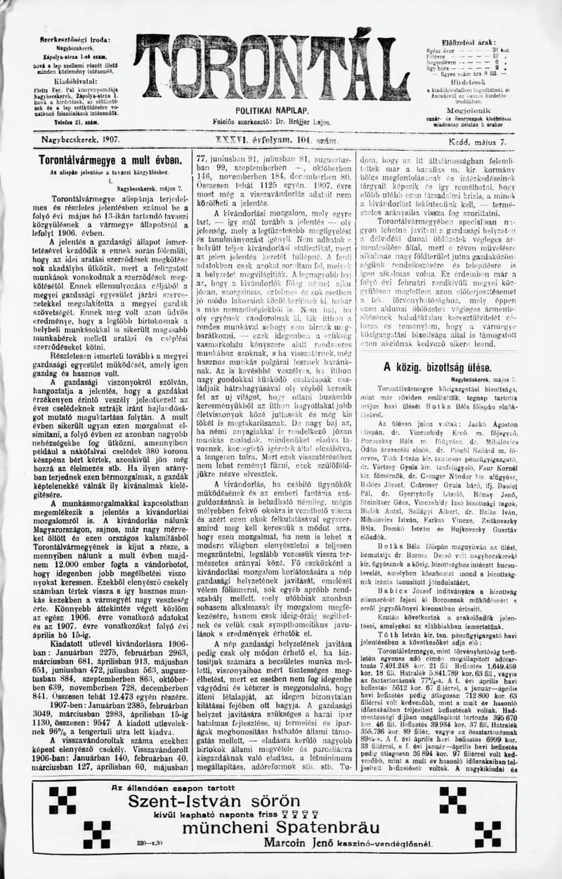 Torontál, 36. évf. 1907. május 7. 104. sz.