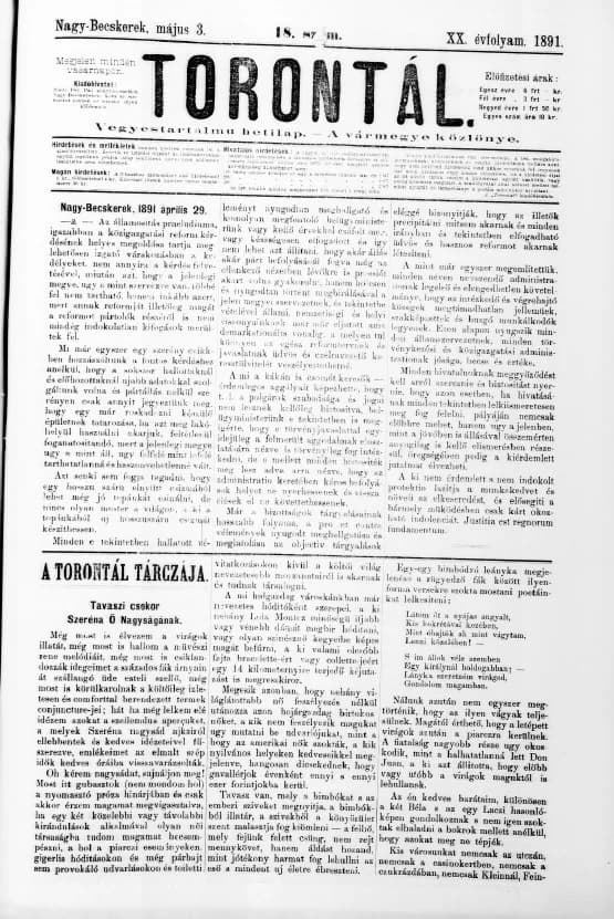 Torontál, 20. évf. 1891. május 3. 18. sz.