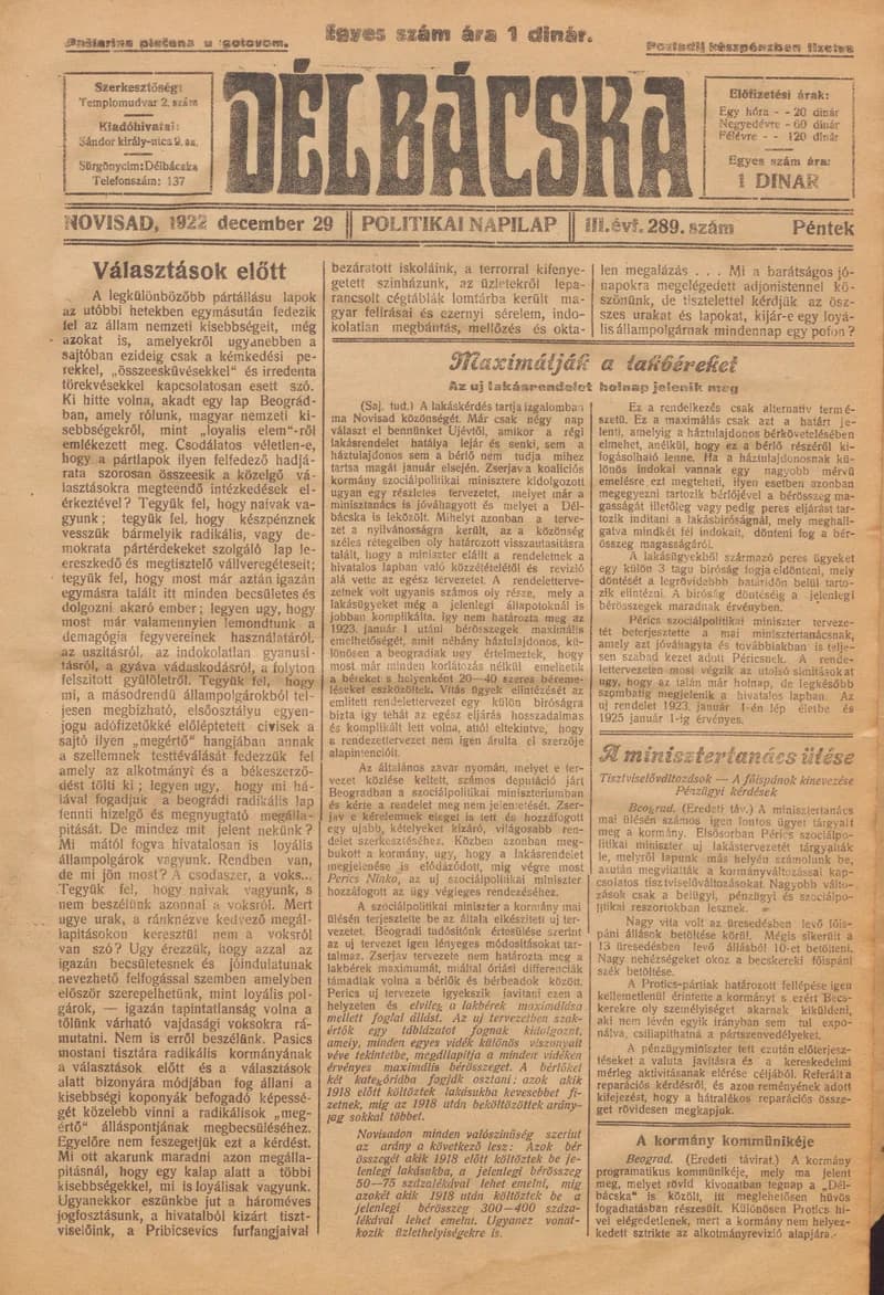 Délbácska, 3. évf. 1922. december 29. 289. sz.
