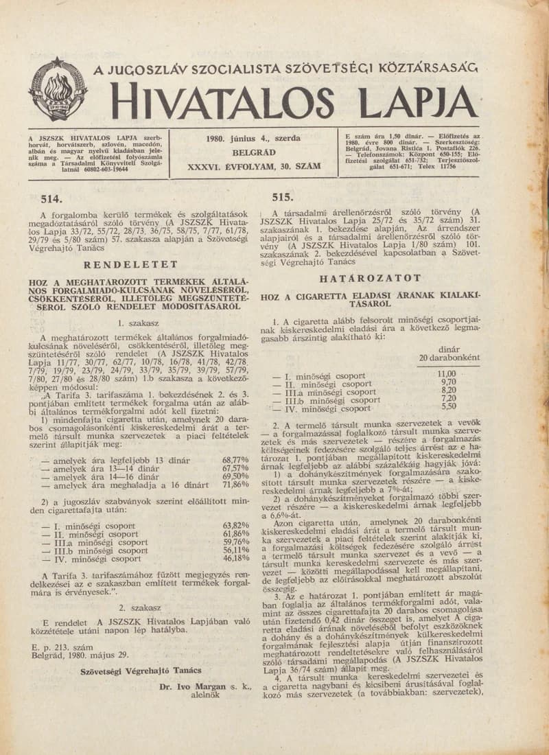 A Jugoszláv Szocialista Szövetségi Köztársaság Hivatalos Lapja, 36. évf. 1980. június 4. 30. sz. 1009–1012. oldal