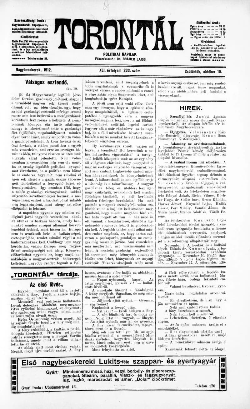 Torontál, 41. évf. 1912. október 10. 232. sz.