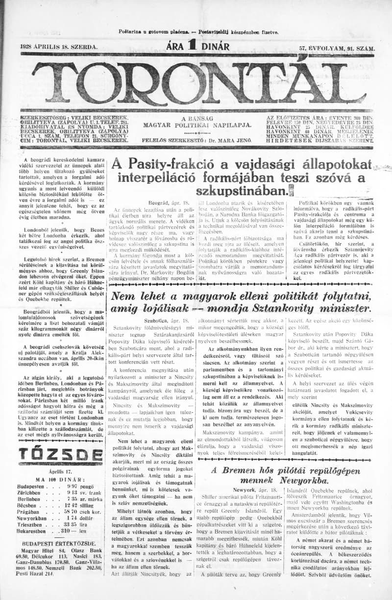 Torontál, 57. évf. 1928. április 18. 91. sz.